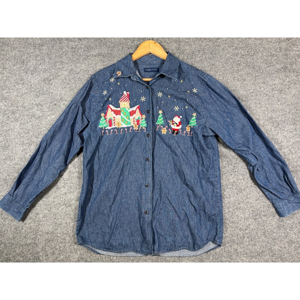 Karen Scott Shirt Womens M Blue Christmas Santa Embroidered Holiday Button Up